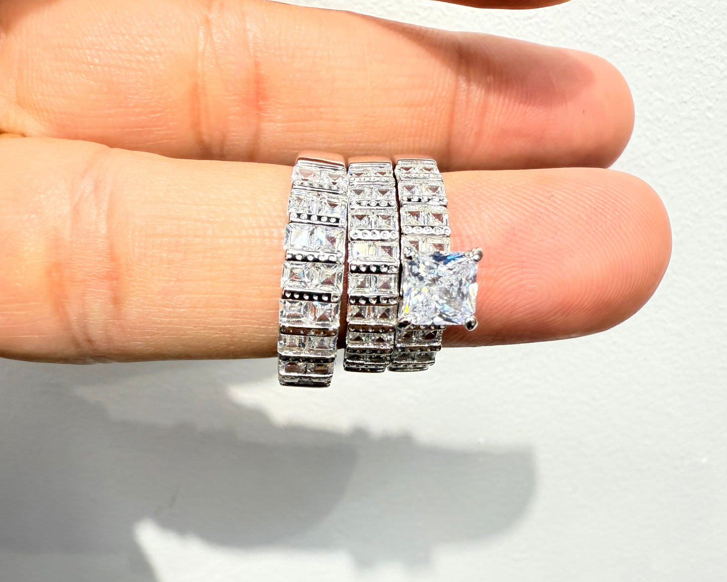 s1136- .925 Sterling Silver Wedding Ring Set W/ Square Cz Stone W.G