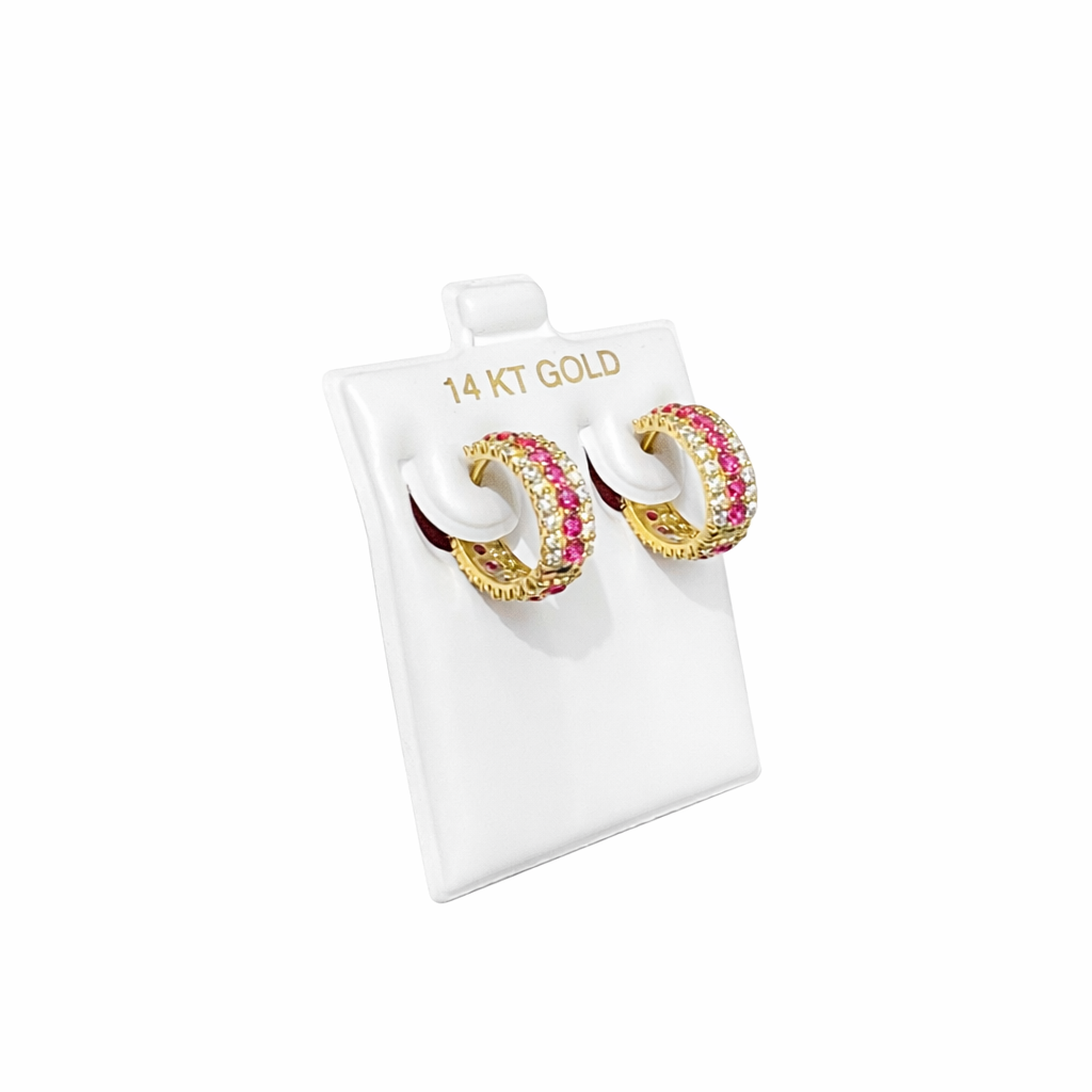 1543- 14K Gold Huggie Hoop Earrings Red & Clear Full Cz (14.5mm)W.G