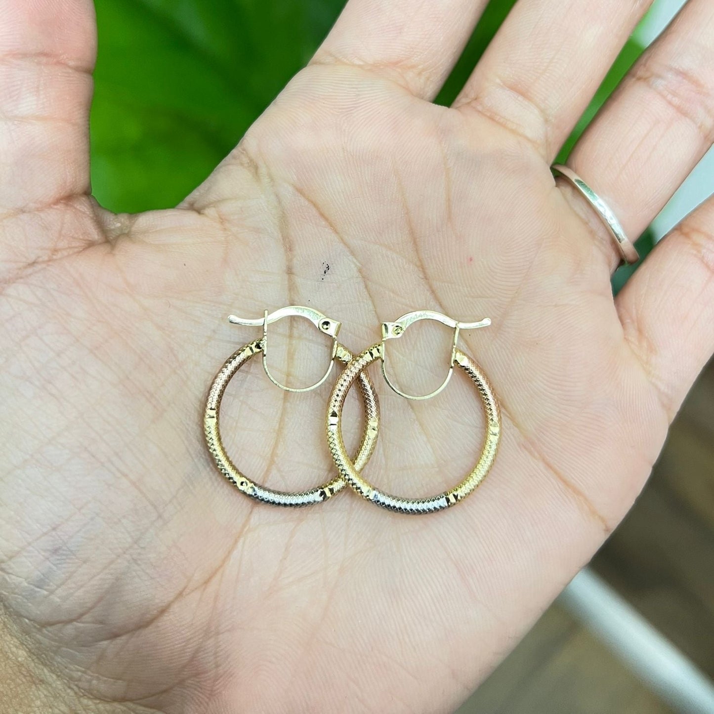00153-NEW 14K Hollow Tri Color Gold Earrings Hoops (W.G)