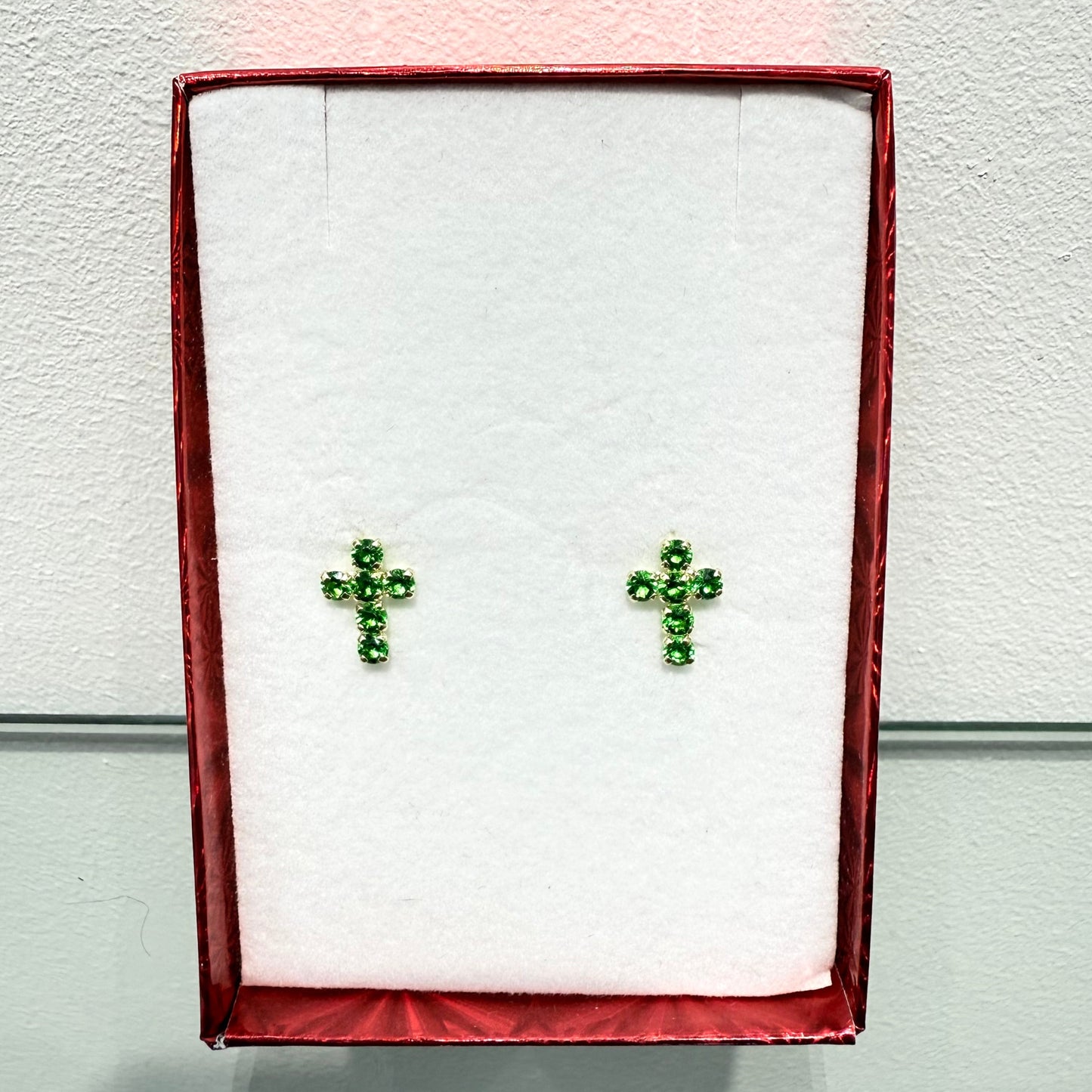 1047- NEW 14K Full Cz Green Cross Stud Earrings W.G