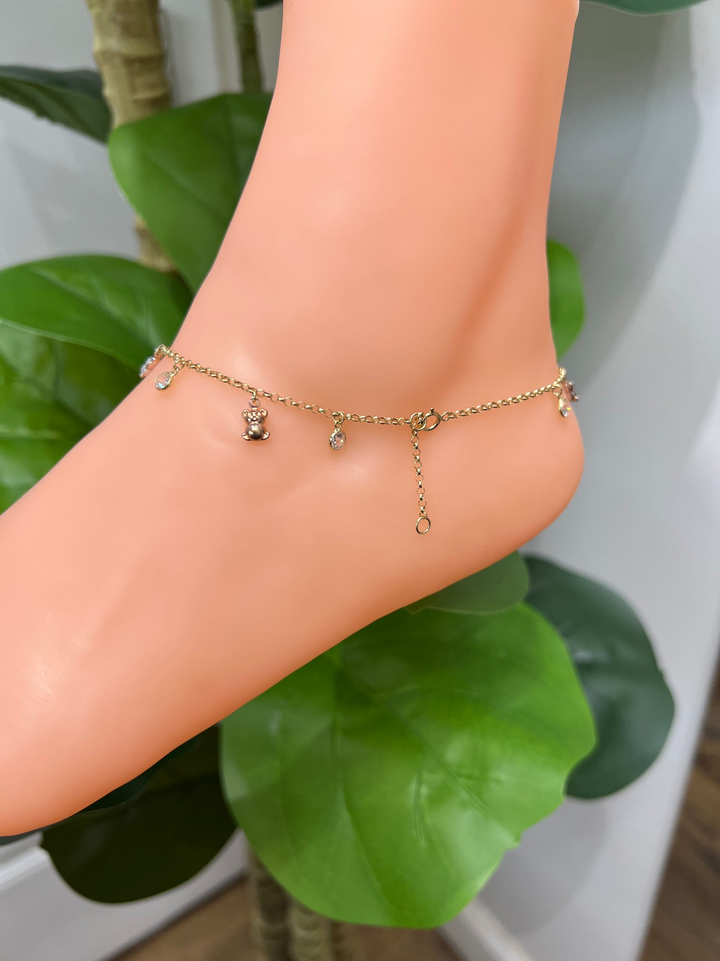 995- NEW 14K Hollow Teddy Bear Dangling Anklet 10”+1” ext (2mm) (W.G)