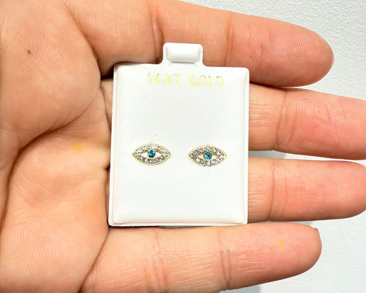 1069-NEW 14K Evil eye Stud Earrings Full Cz W.G