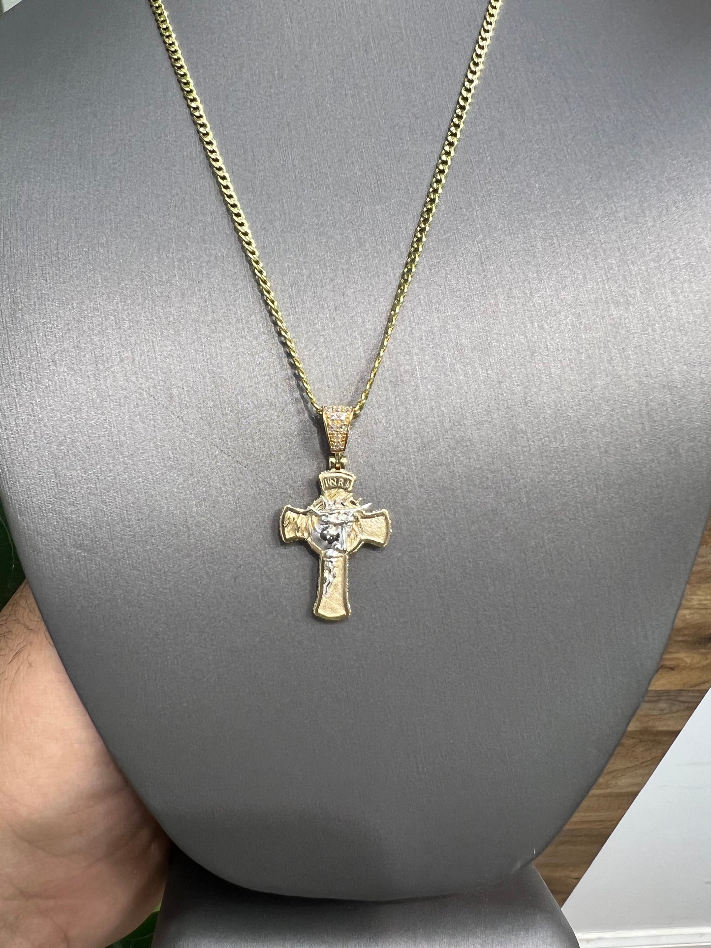 1294- NEW 14K Crucifix Two Tone Jesus Face & Crown W.G