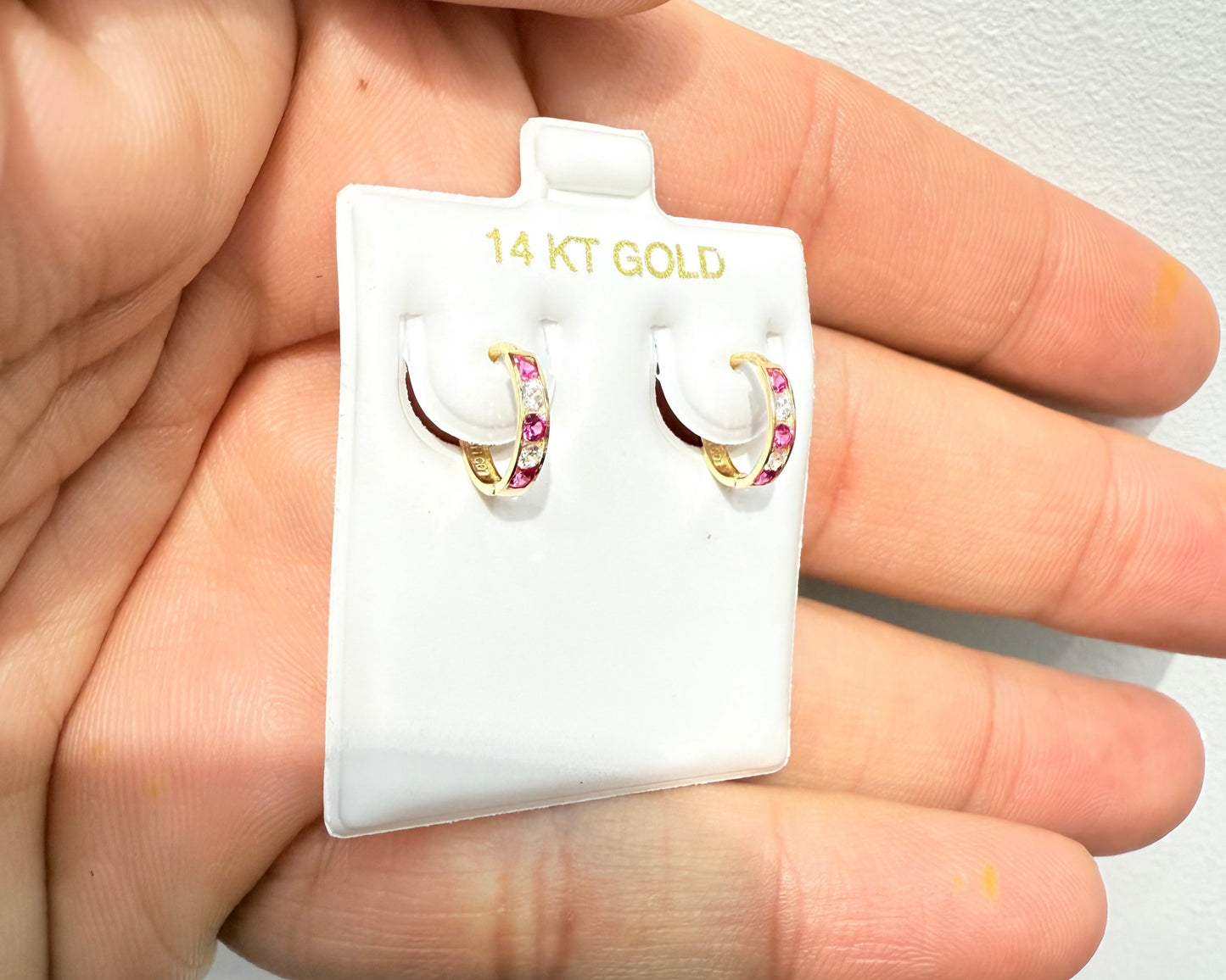 1095-NEW 14K Small Huggies Ruby & Clear Hoop Earrings (2x10mm)W.G