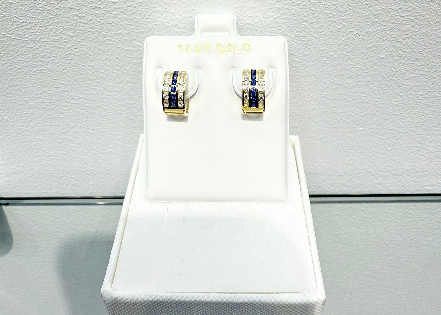 1089-NEW 14K Triple Row Huggies Cz Blue & Clear Hoop Earrings (5x10mm) W.G