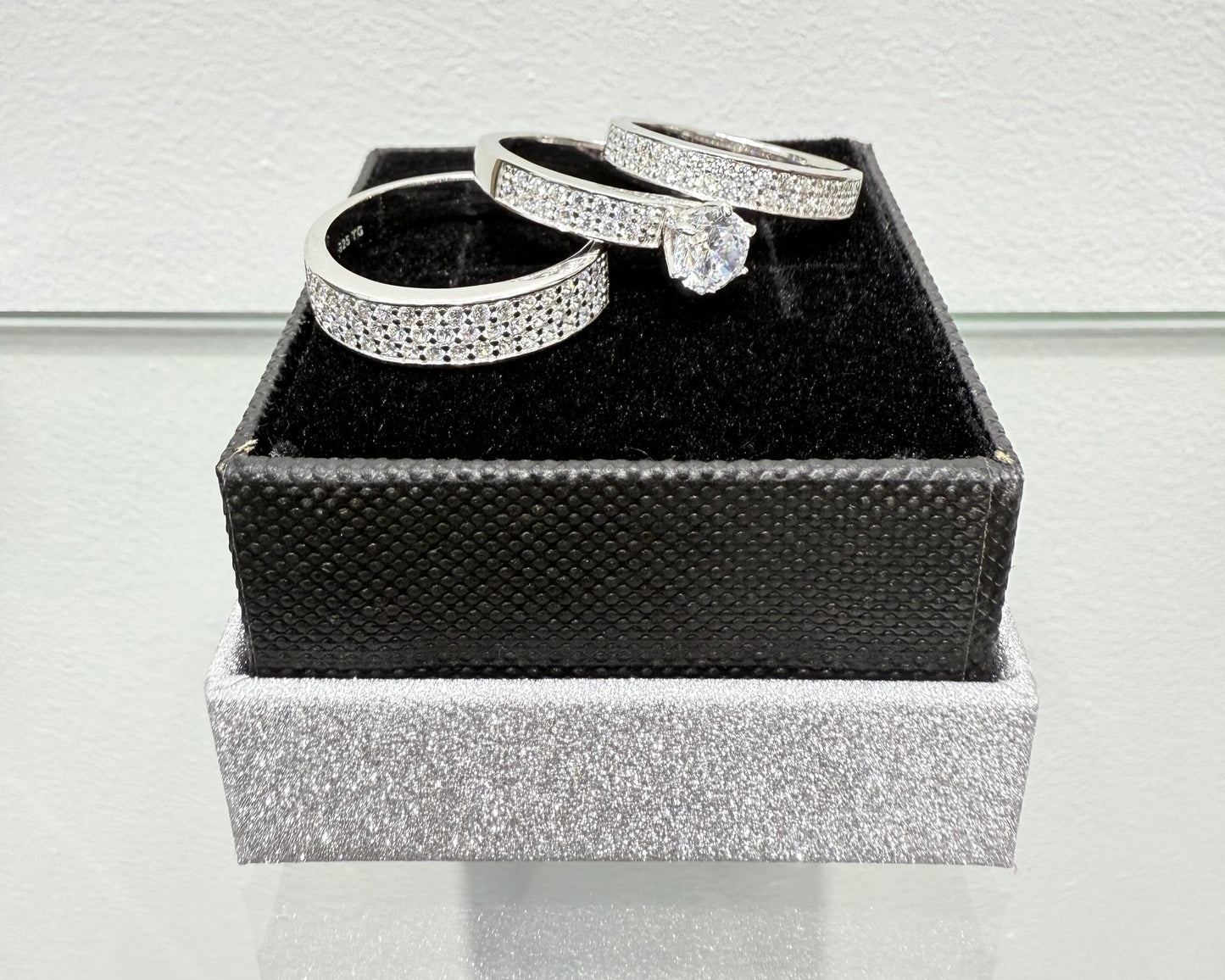 S1137- NEW .925 Sterling Silver Three Row Cz Stone Wedding Ring Set W.G