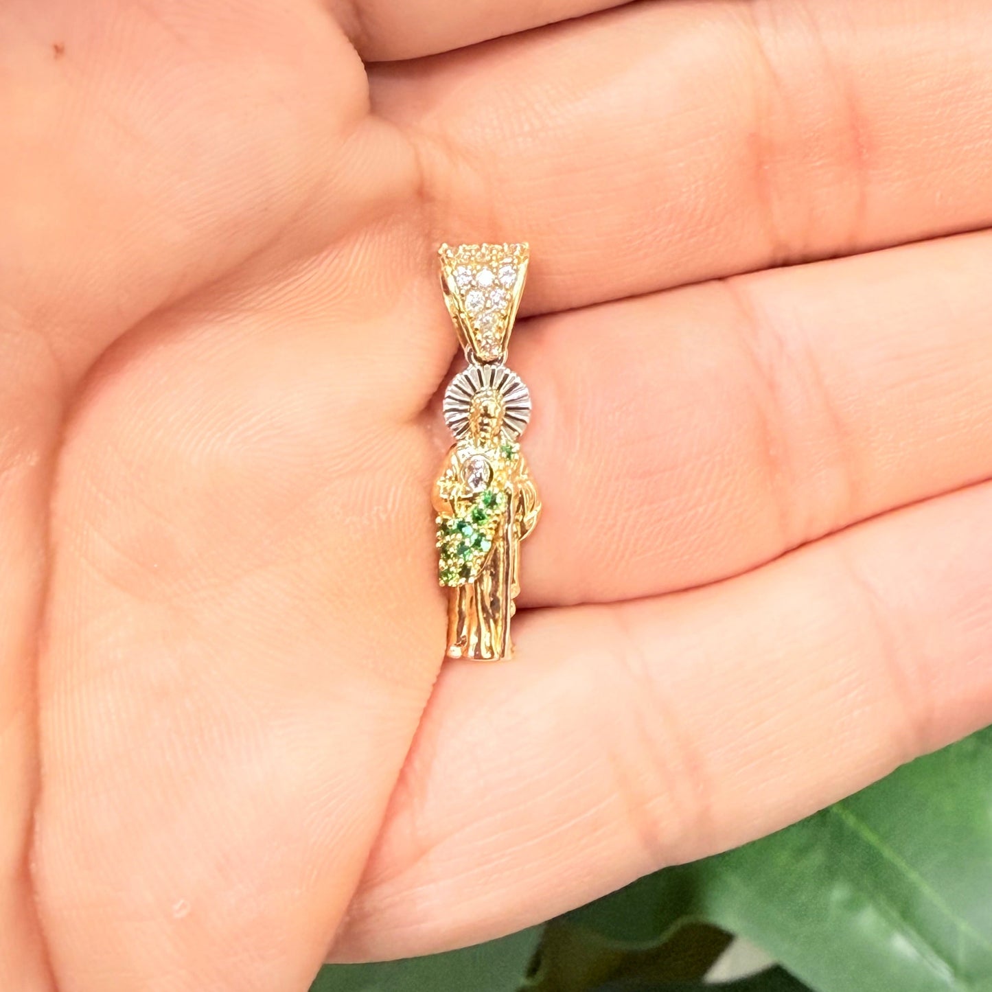 1146- NEW 14K St. Jude Clear & Green Cz Stone Pendant W.G