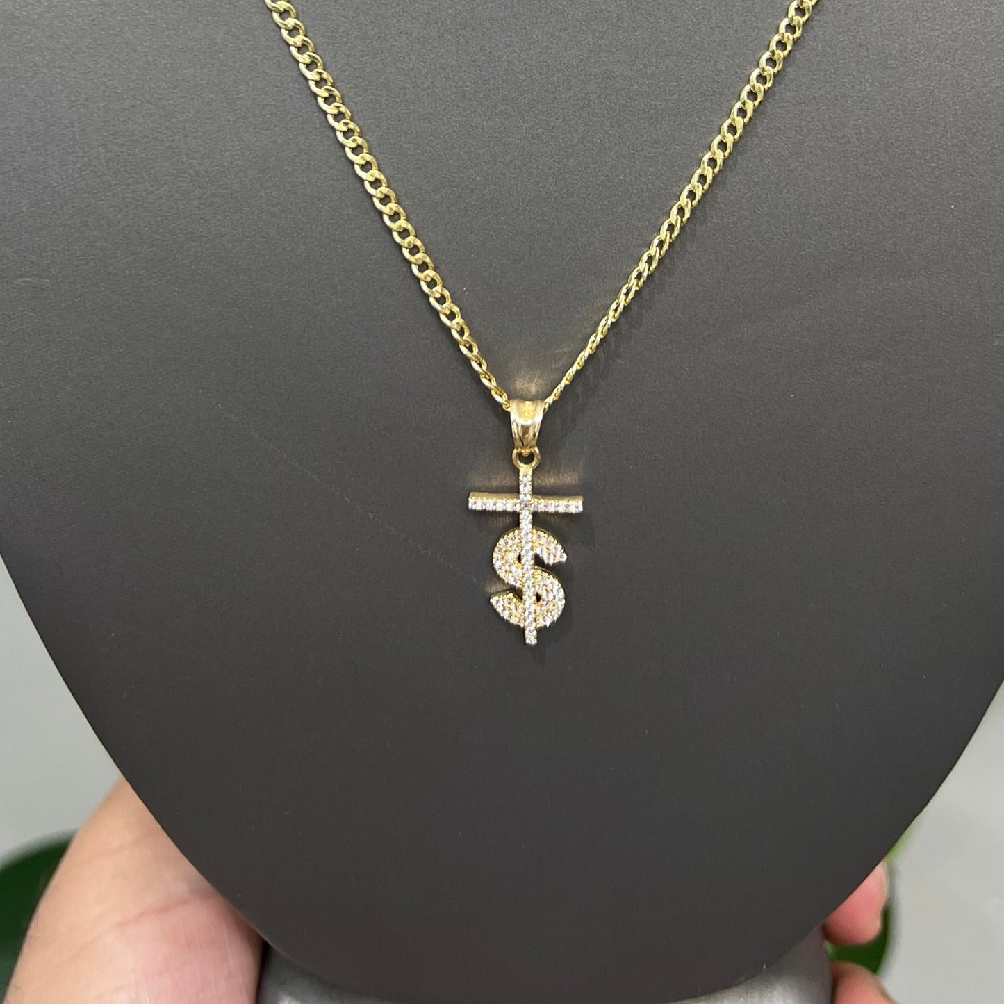 1292- 14K Gold Cross With Dollar Sign Pendant W.G