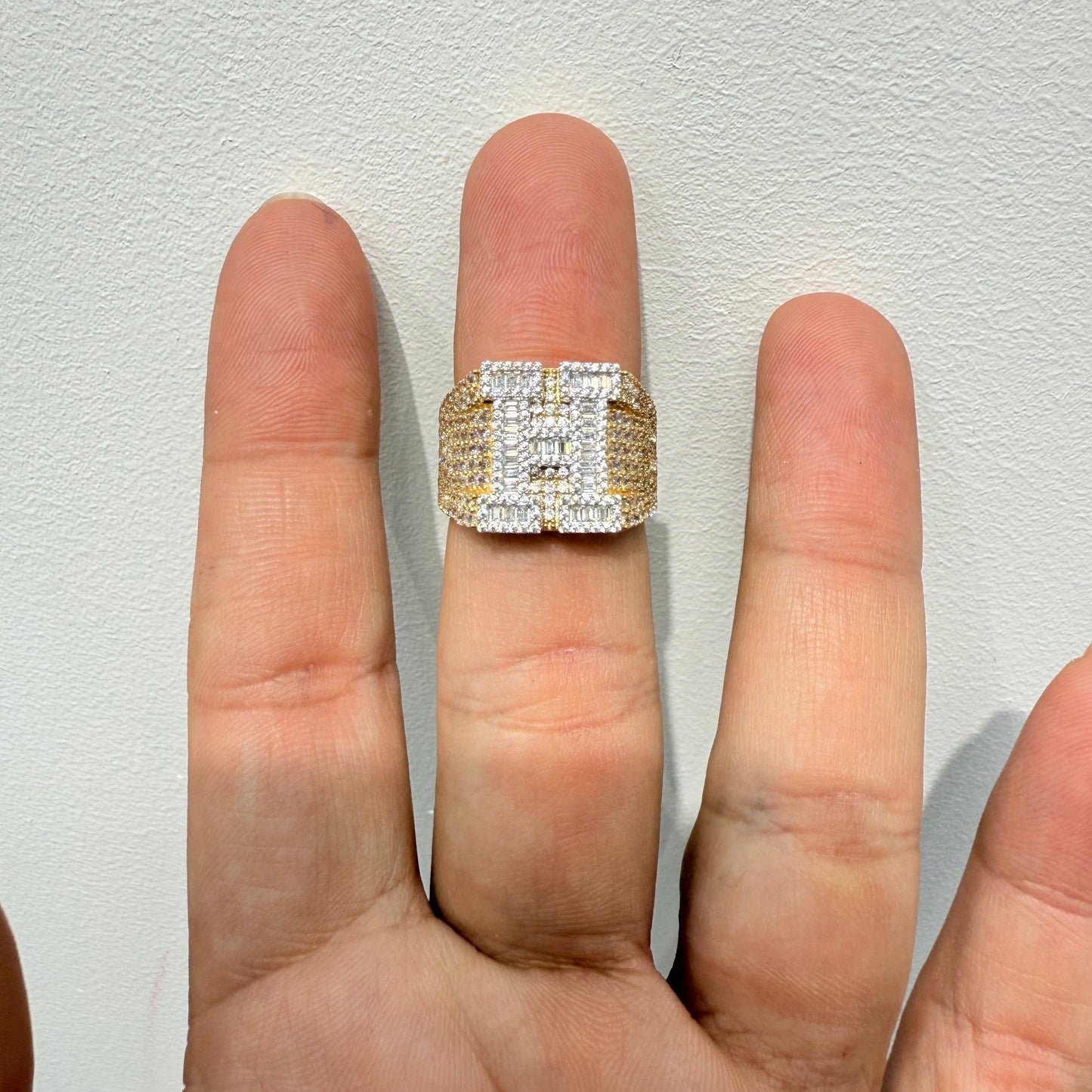 964- NEW 14K Gold Initial “H” Men Ring Full Cz W.G