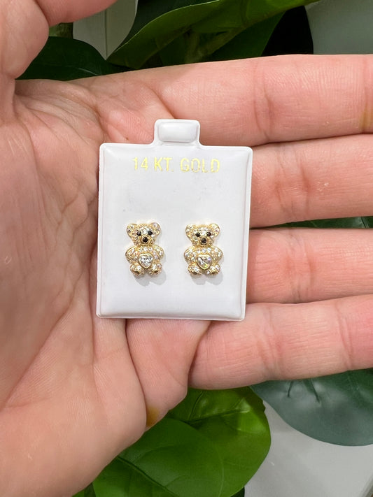 1202- NEW 14K Gold Teddy Bear Full Cz Stud Earrings w/ Clear Cz (9.6mm) W.G