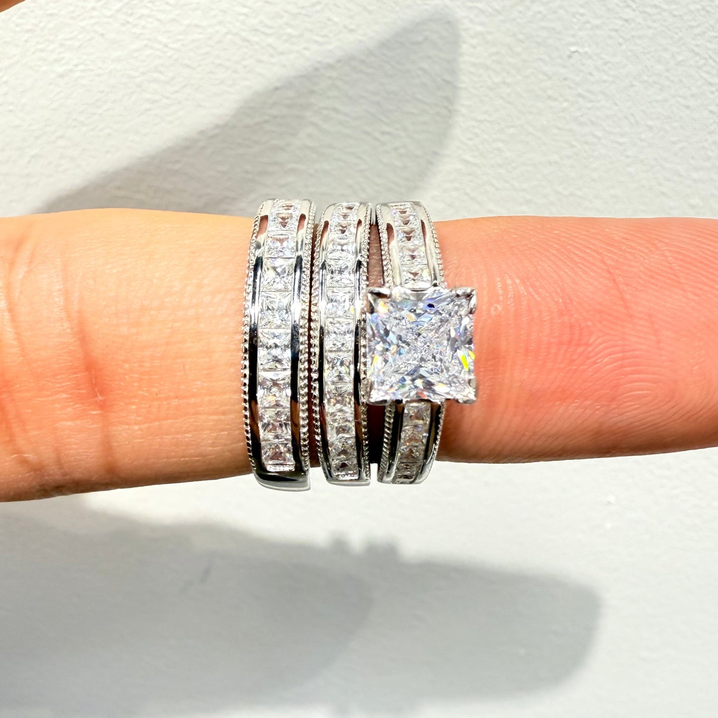 S1134- NEW .925 Sterling Silver Square Wedding Rings (3) Set W.G