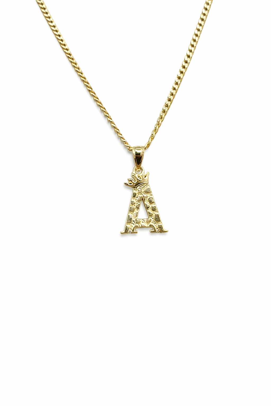 C63- 10K Hollow Cuban Curb Chain 18” 2.5mm & 10K Letter A Nugget Pendant W.G