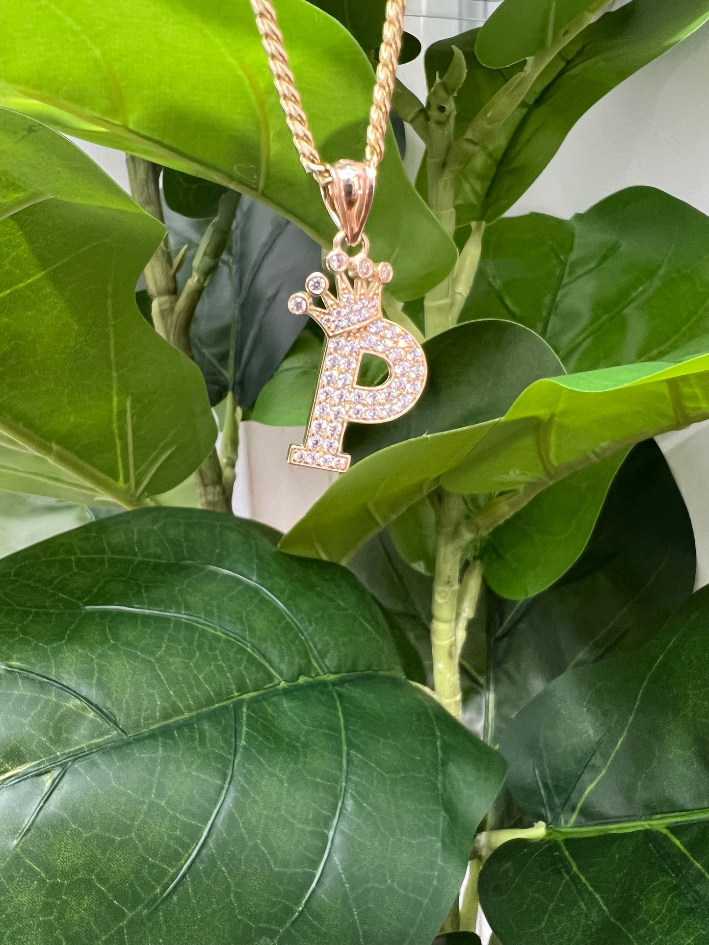 1210- NEW 14K Letter “ P” Full Cz & Crown Pendant W.G