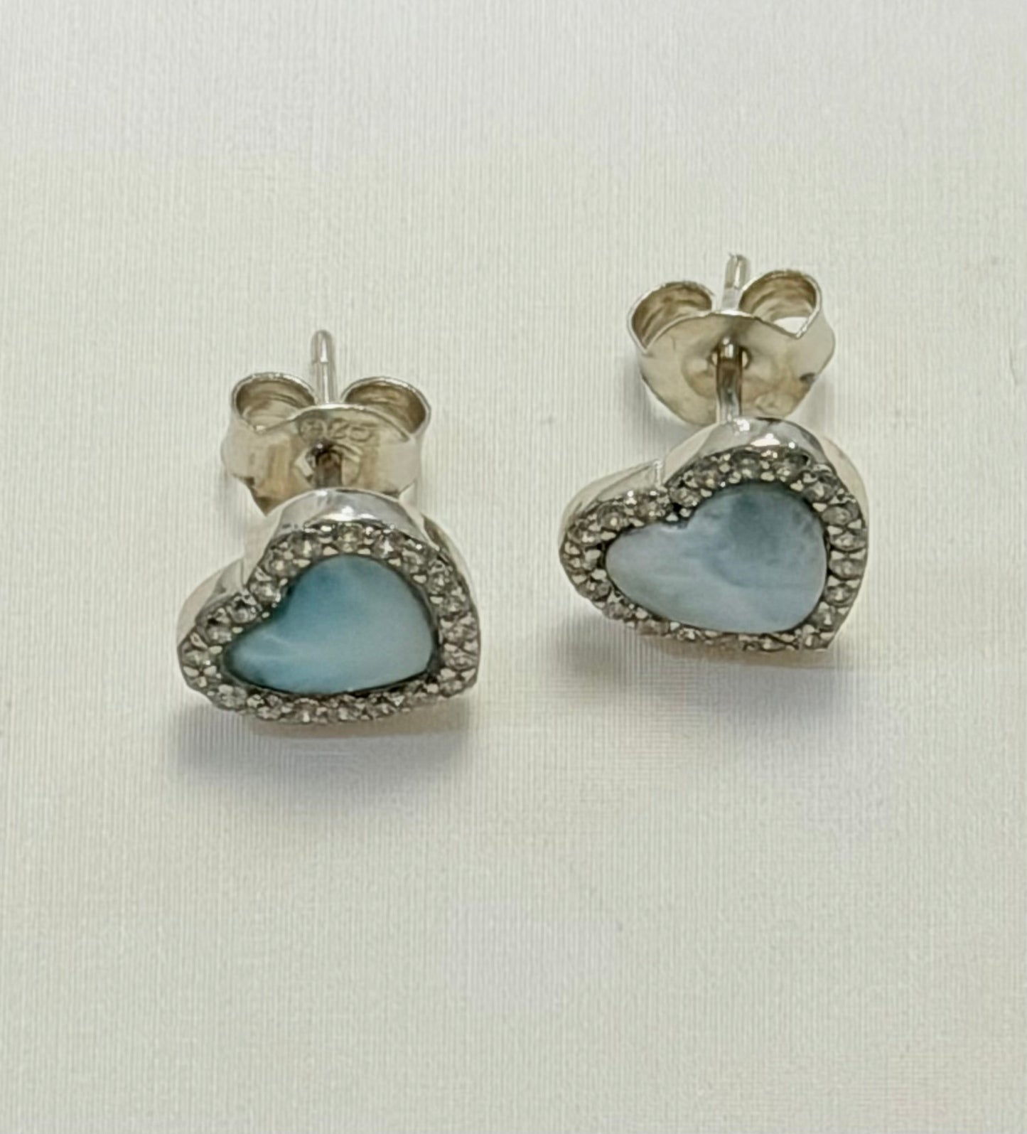 S902- NEW .925 Sterling Silver Heart Larimar Stud Earrings W.G