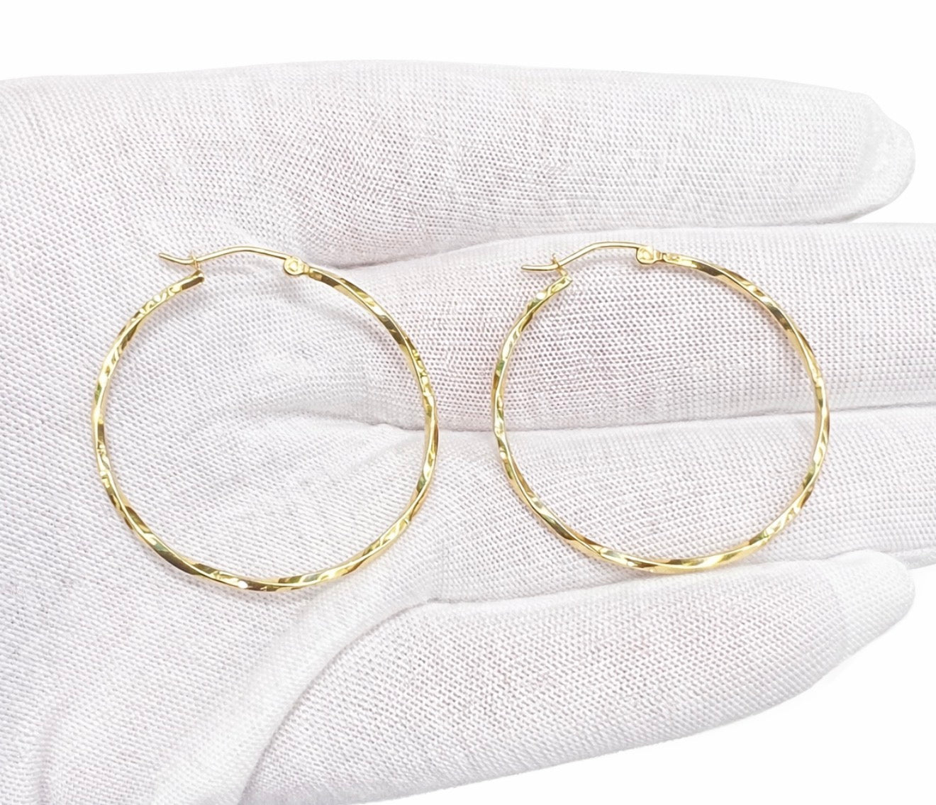 1345- NEW 14K Twisted Hollow Hoops Earrings 35mm W.G