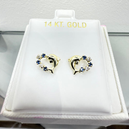 1067-NEW 14K Heart Shape Dolphin & Blue Cz Stone Stud Earrings W.G