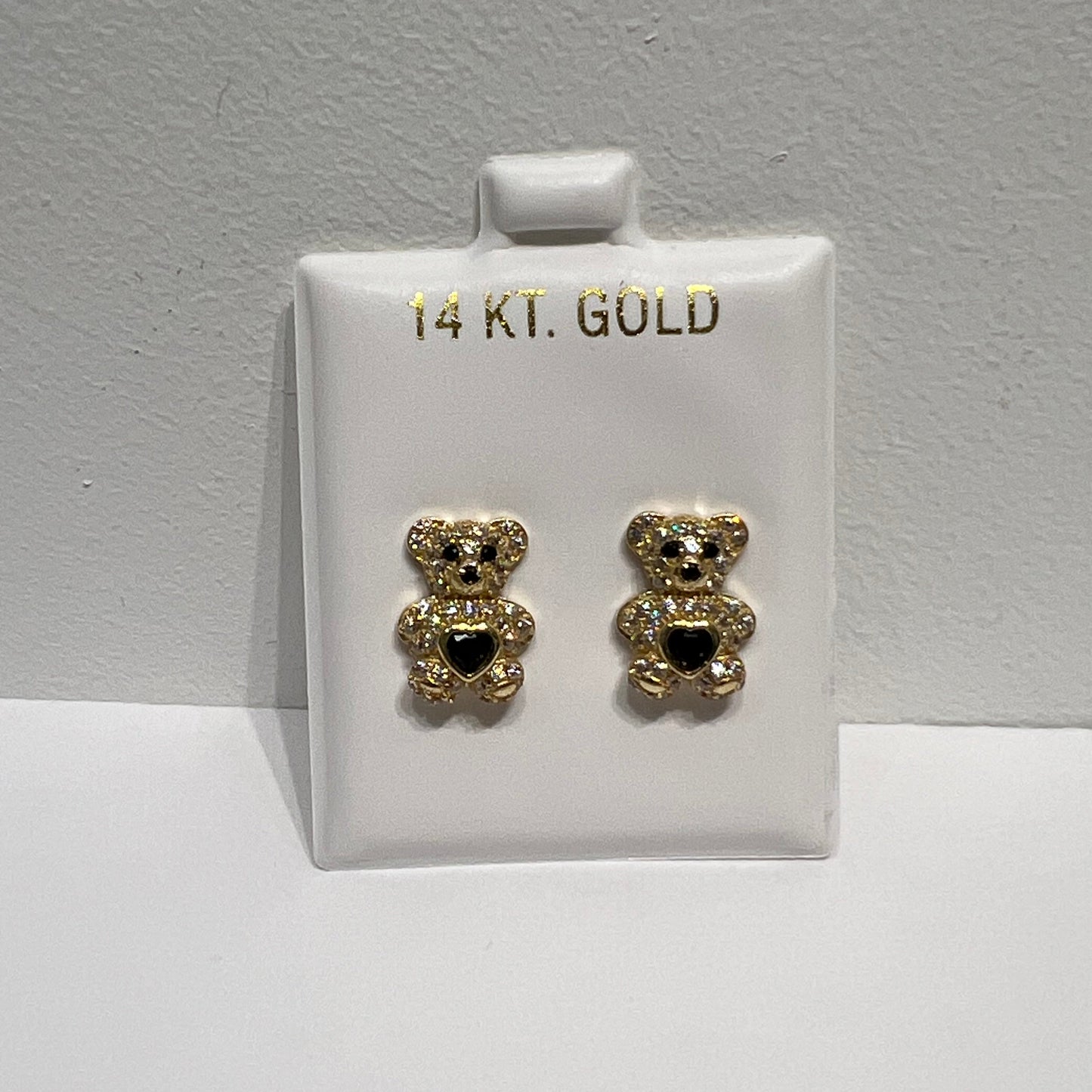1203- NEW 14K Gold Teddy Bear Full Cz Navy Blue Cz Stone Earrings (9.8mm)W.G