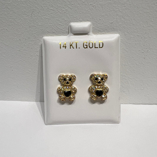 1203- NEW 14K Gold Teddy Bear Full Cz Navy Blue Cz Stone Earrings (9.8mm)W.G