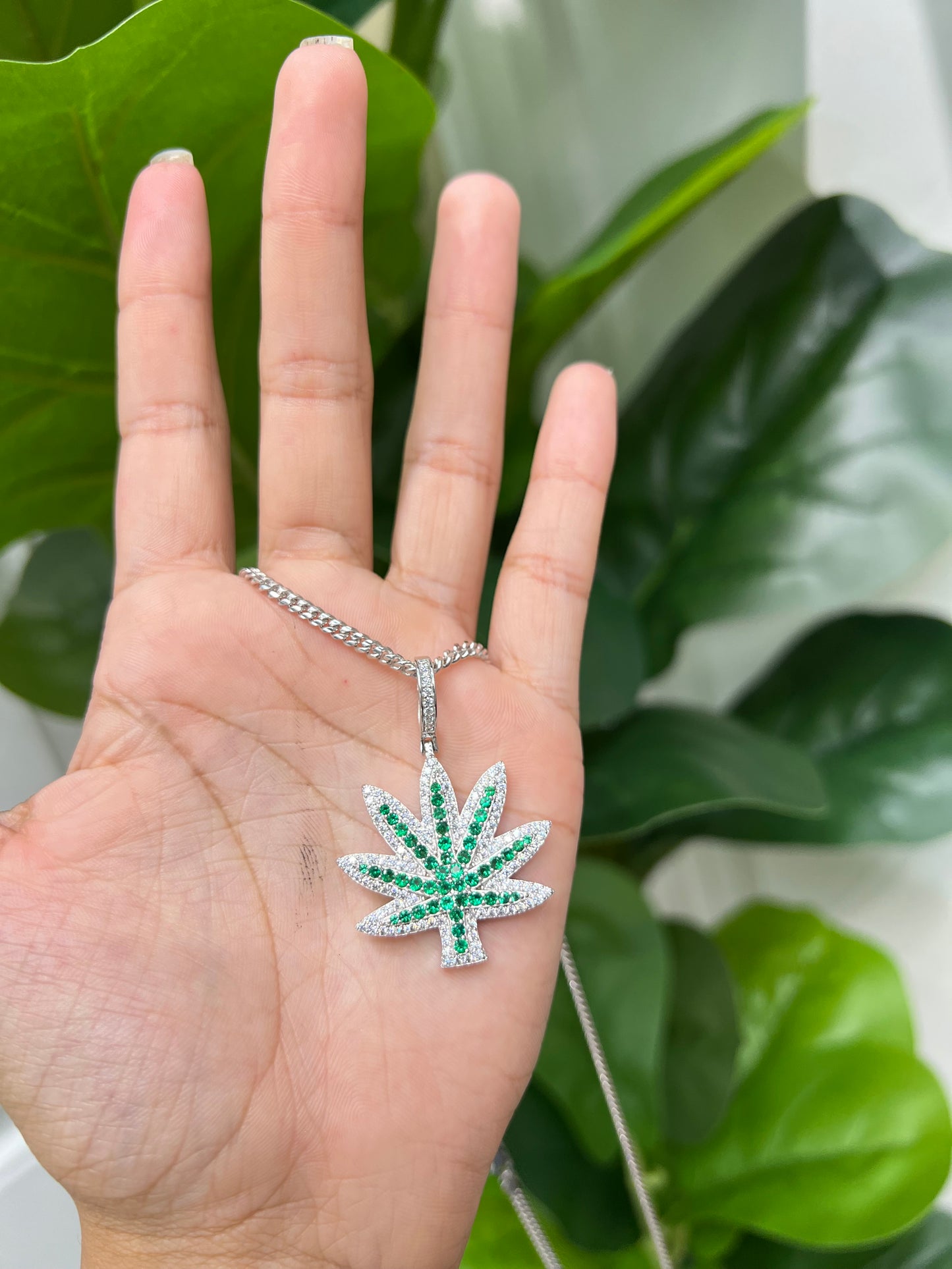 S414- NEW .925 Sterling Silver Cannabis Pendant W.G