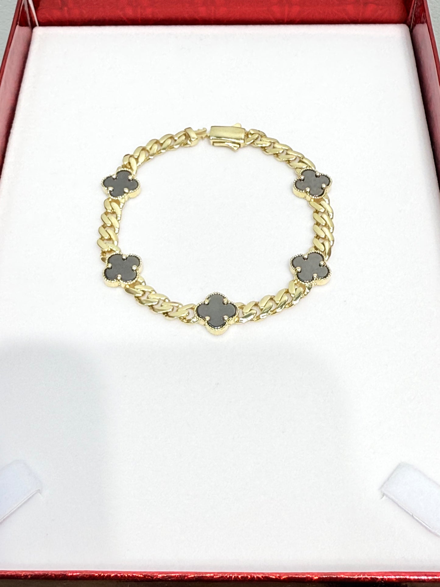 1159- NEW 14K Hollow Cuban Black Trebol Bracelet W.G