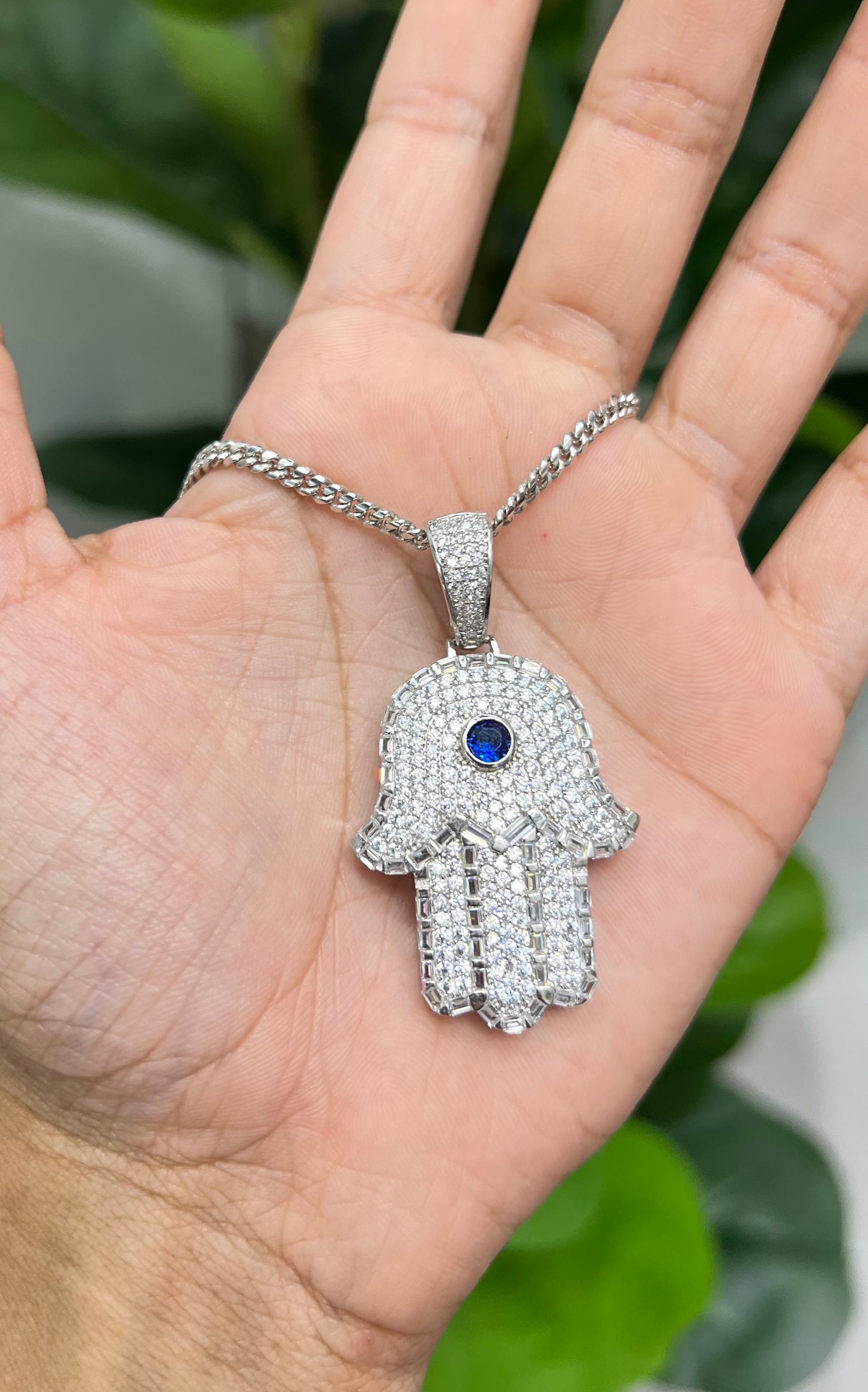 S421- .925 Sterling Silver Blue Full CZ Hamsa Hand Pendant W.G