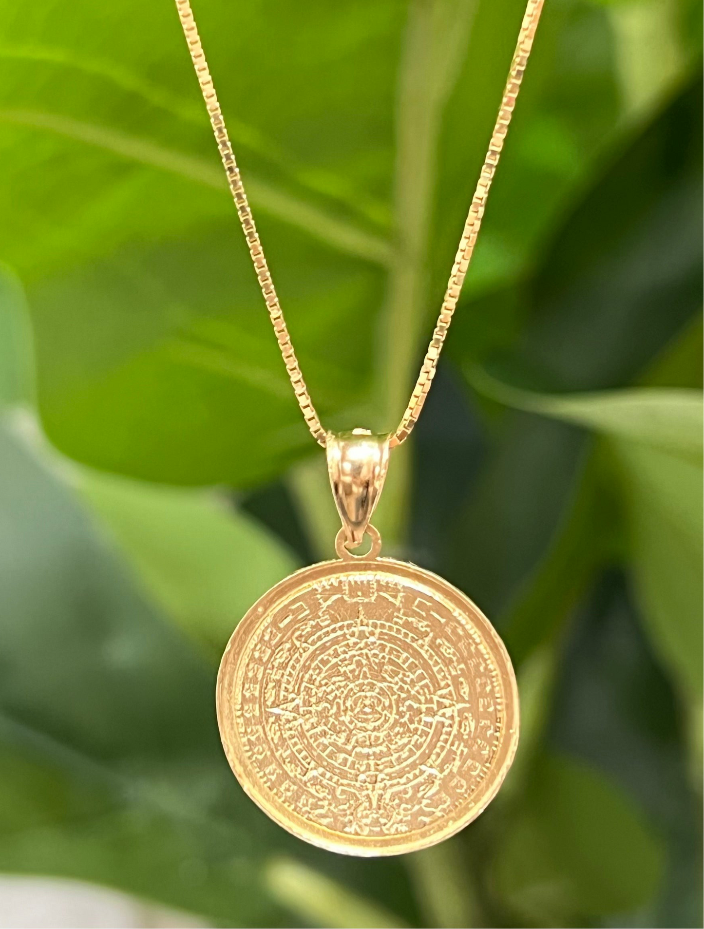375- NEW 14K Solid Aztec Mayan Sun Calendar Azteca Pendant W.G