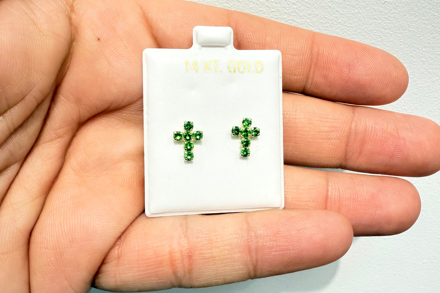 1047- NEW 14K Full Cz Green Cross Stud Earrings W.G