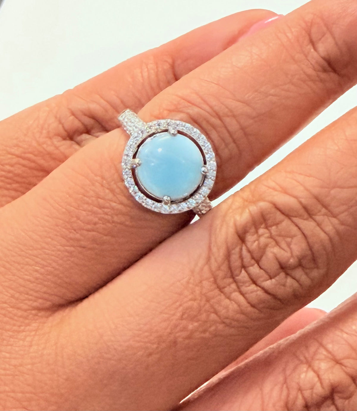 S901- NEW .925 Sterling Silver Round Larimar Women’s Ring W.G