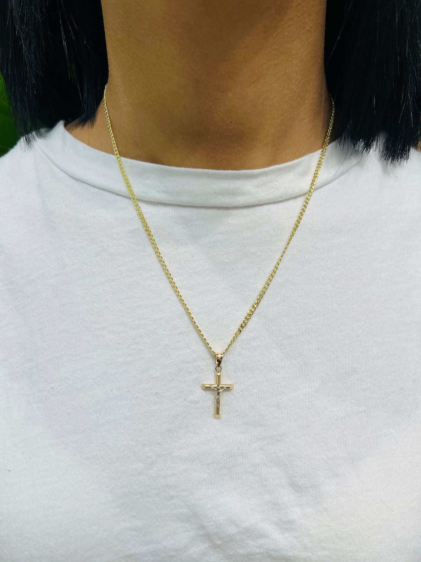 C35 - NEW 14K Hollow Cuban Chain & Crucifix Pendant Set W.G