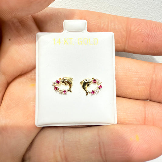 1065-NEW 14K Heart Shape Dolphin & Pink Cz Stone Stud Earrings W.G
