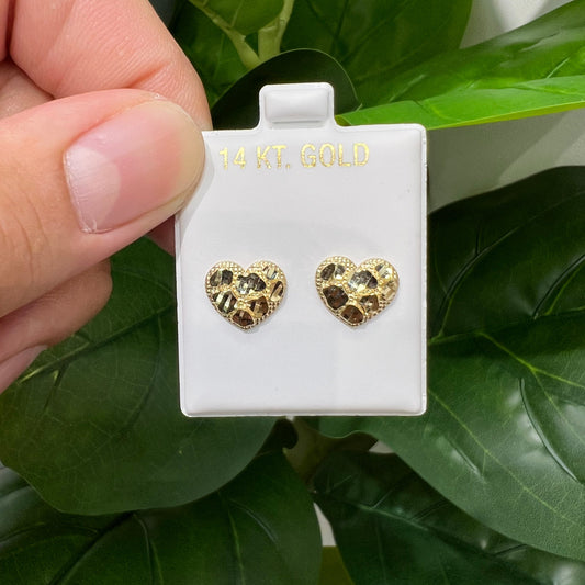 1201- NEW 14K Heart Shape Nuggets Stud Earrings (12.2mm) W.G