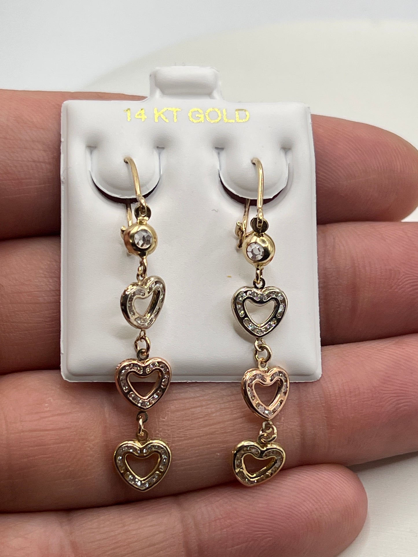 644- NEW 14K Gold Hollow Heart Link Dangling Earrings W.G