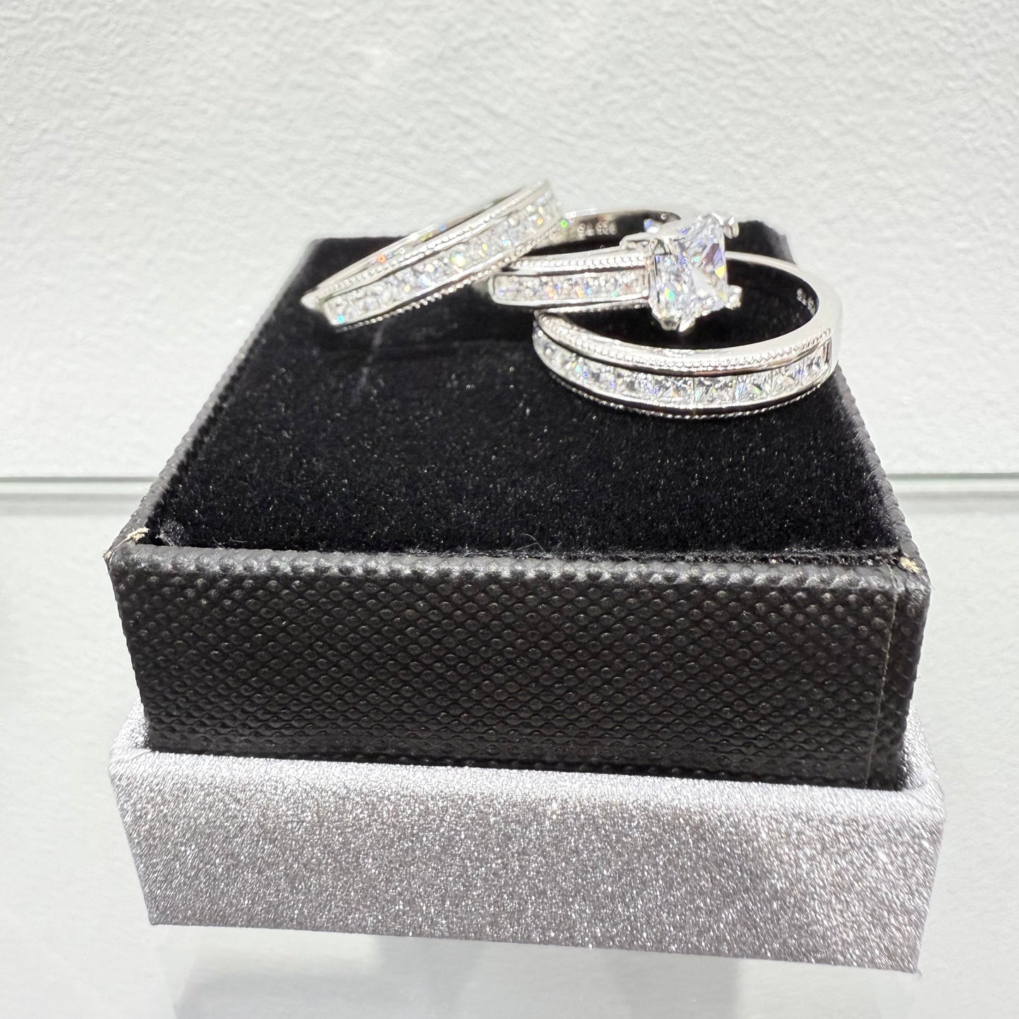 S1134- NEW .925 Sterling Silver Square Wedding Rings (3) Set W.G