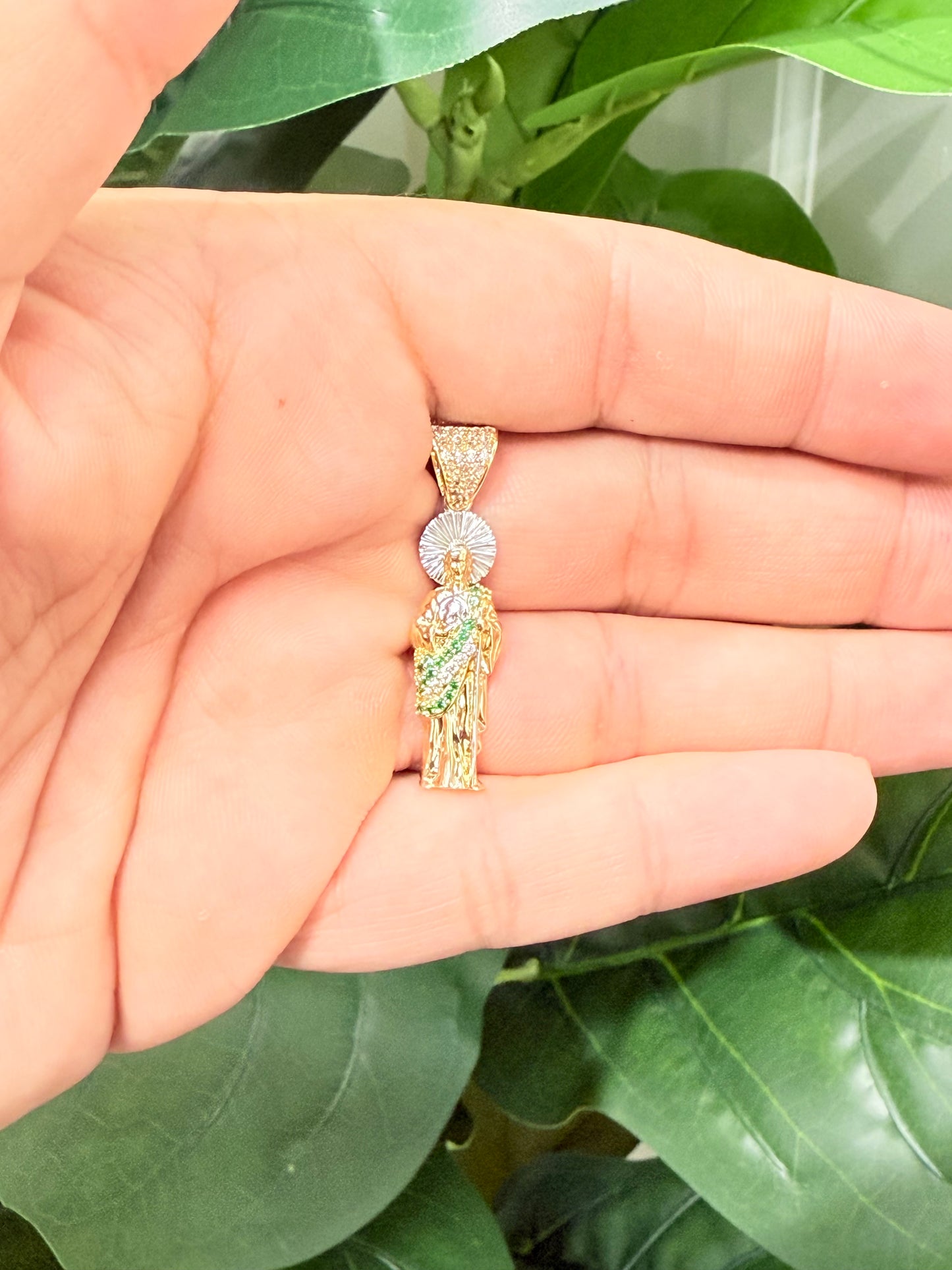 1147- NEW 14K St Jude Green Cz Pendant W.G