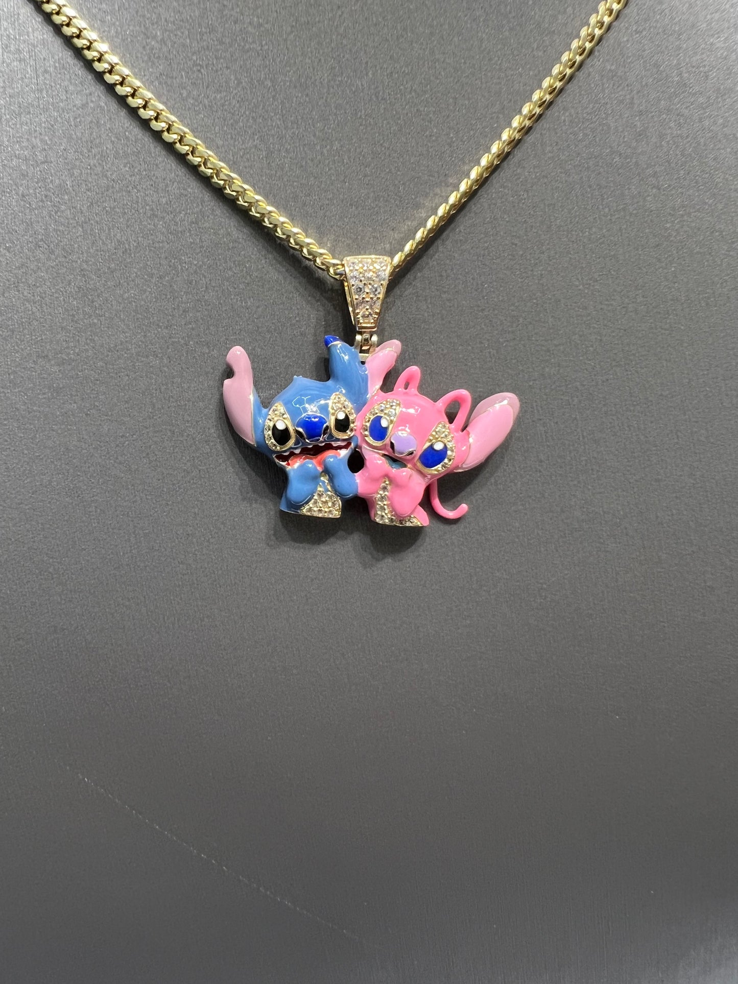 1212- NEW 14K Disney Lilo Stitch & Angel Gold Pendant W.G