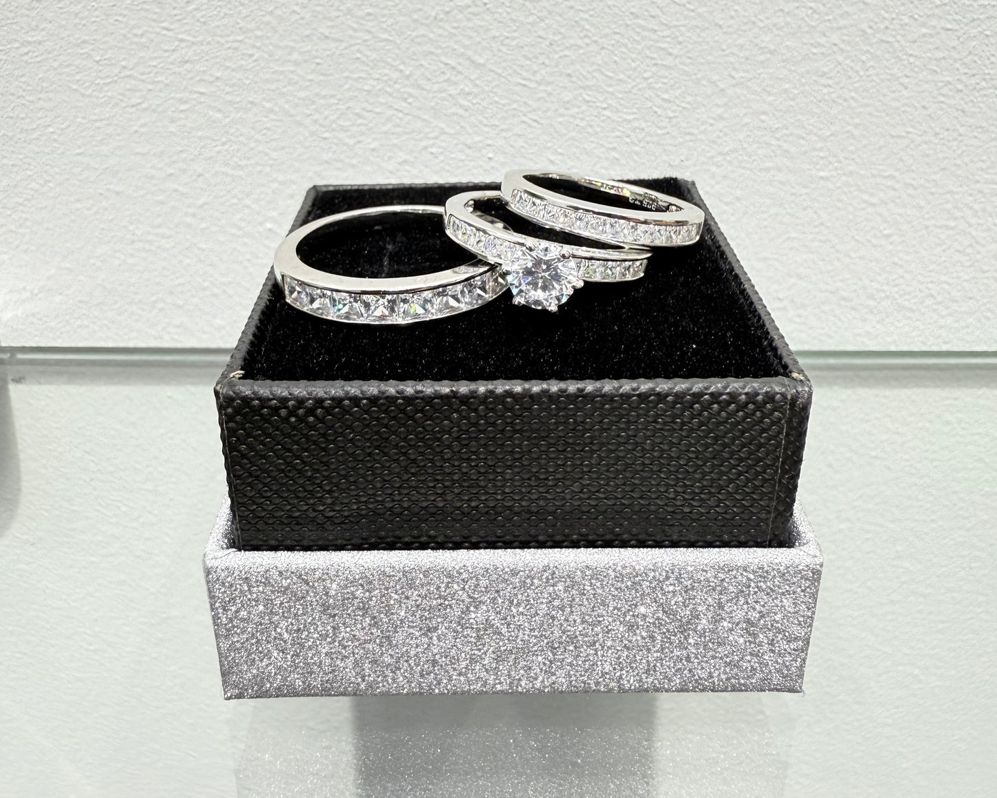 S1135- NEW .925 Sterling Silver Trio Wedding Ring Set W.G