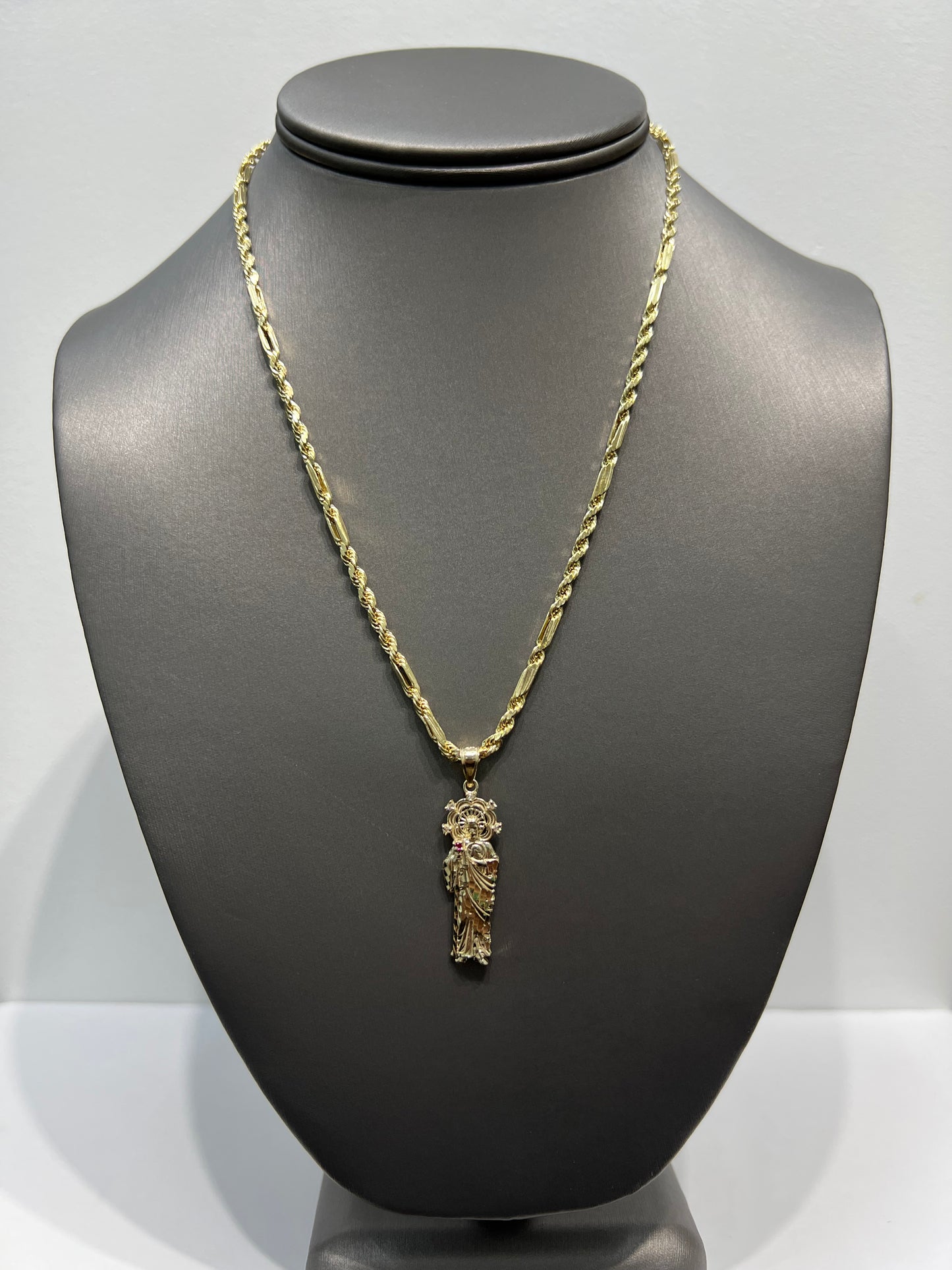 C49-NEW 10K Hollow Milano Chain 18” (3mm) & 10K St. Jude Pendant SET W.G