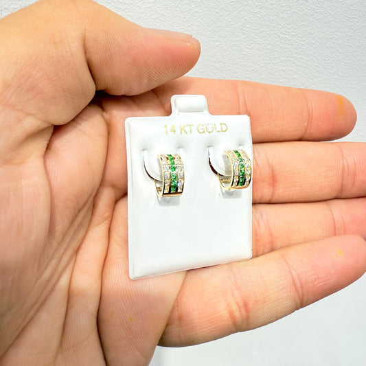 1090-NEW 14K Triple Row Huggies Cz Green & Clear Hoop Earrings (5x10mm) W.G