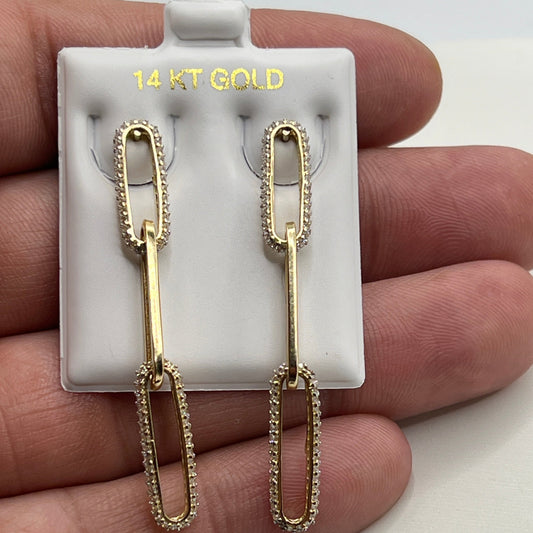 646- NEW 14K Paper Clip Three Link Dangling Earrings W.G
