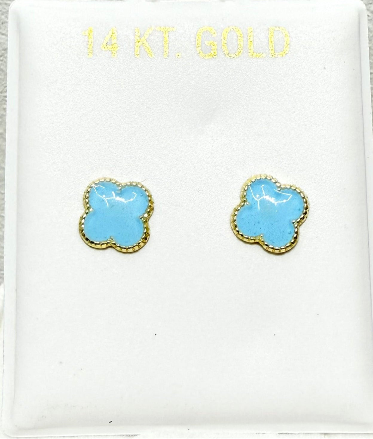 1077-NEW 14k Gold Trebol Aqua Blue Stud Earrings (7mm) W.G