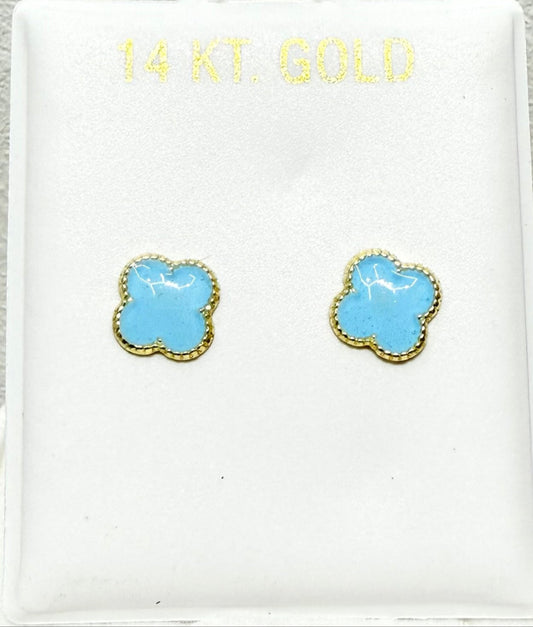 1077-NEW 14k Gold Trebol Aqua Blue Stud Earrings (7mm) W.G