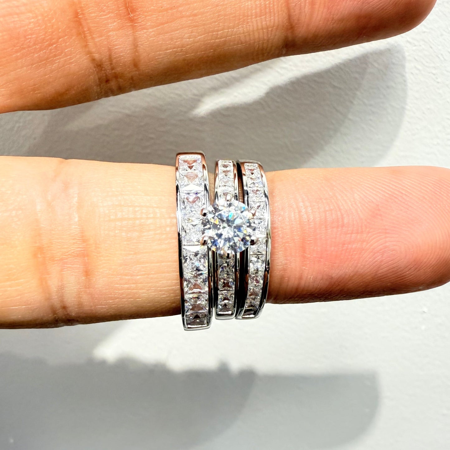S1135- NEW .925 Sterling Silver Trio Wedding Ring Set W.G