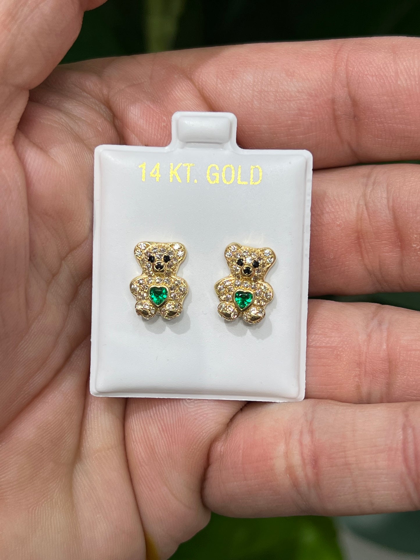 1204-NEW 14K Gold Teddy Bear Full Cz Green Cz Stone Earrings (10.5mm)W.G