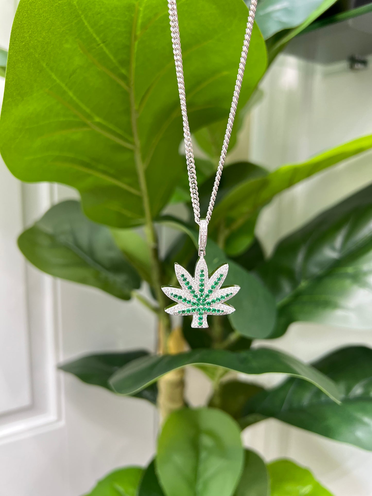 S414- NEW .925 Sterling Silver Cannabis Pendant W.G