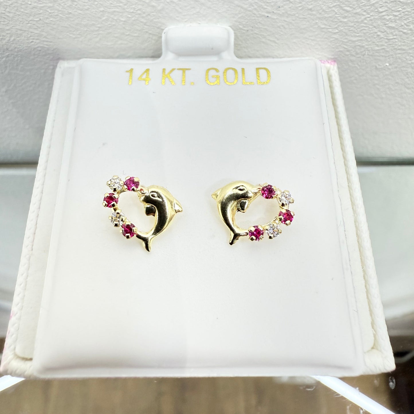 1065-NEW 14K Heart Shape Dolphin & Pink Cz Stone Stud Earrings W.G