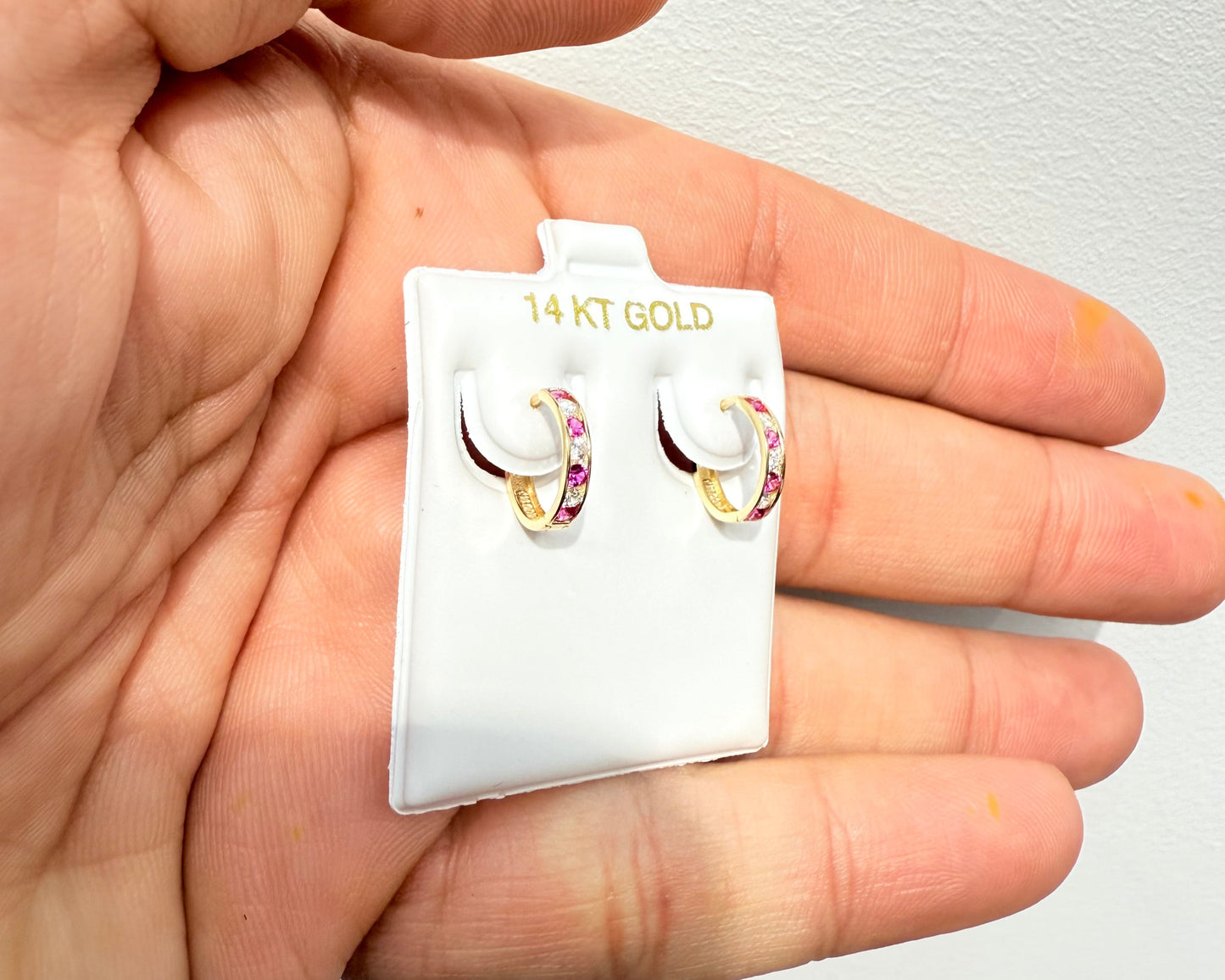 1094-NEW 14K Small Thin Huggies Ruby & Clear Hoop Earrings (2x12mm) W.G