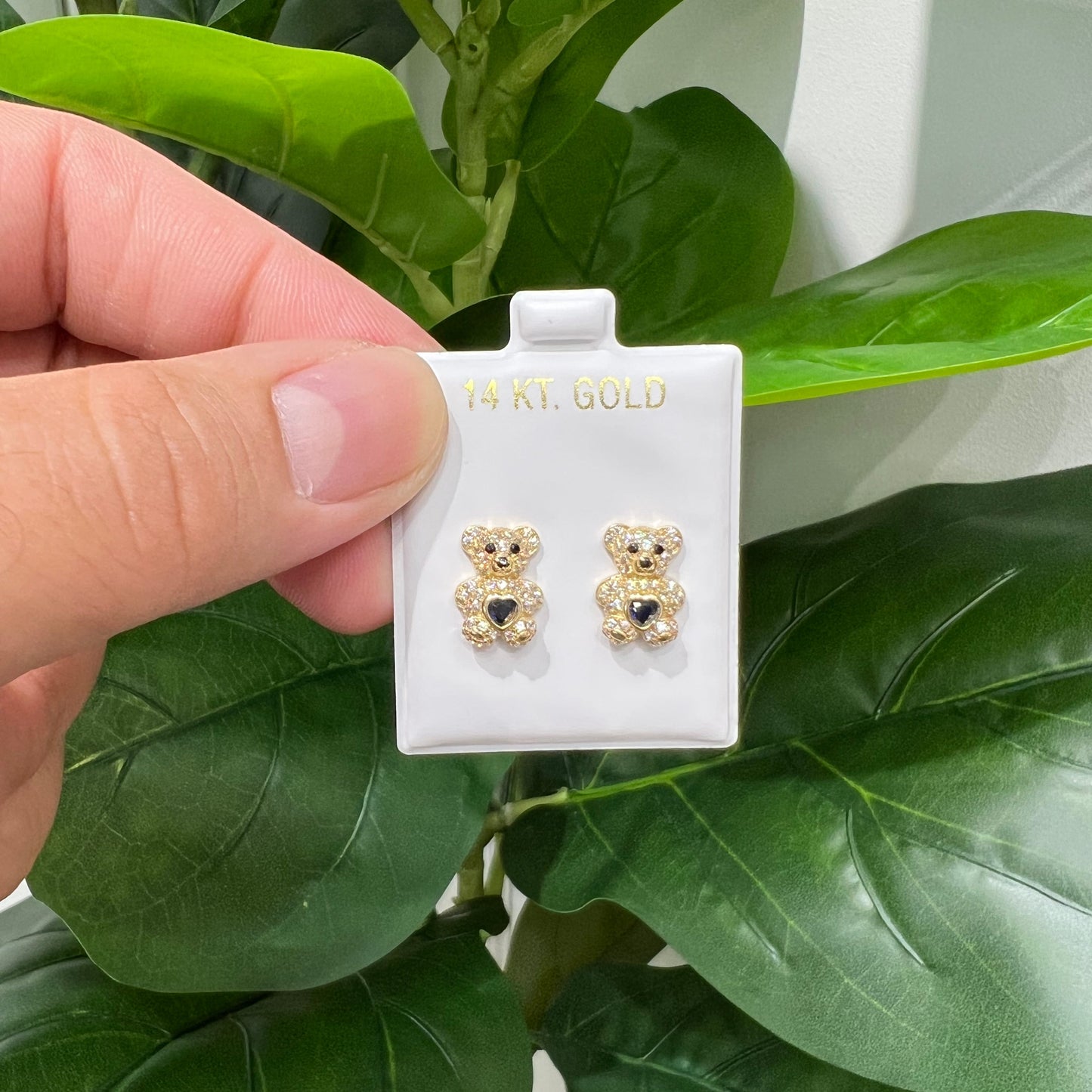 1203- NEW 14K Gold Teddy Bear Full Cz Navy Blue Cz Stone Earrings (9.8mm)W.G