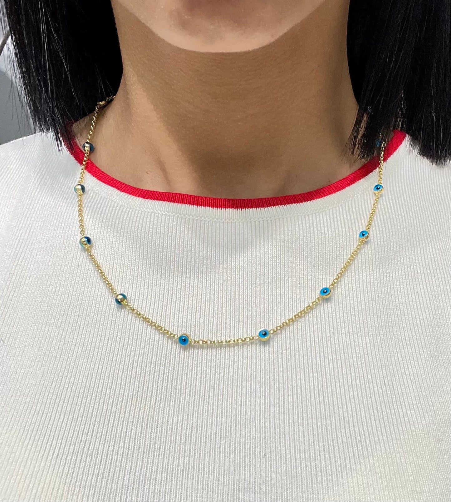 0089- NEW 14K Station Evil Eye Chain (1.74mm)W.G