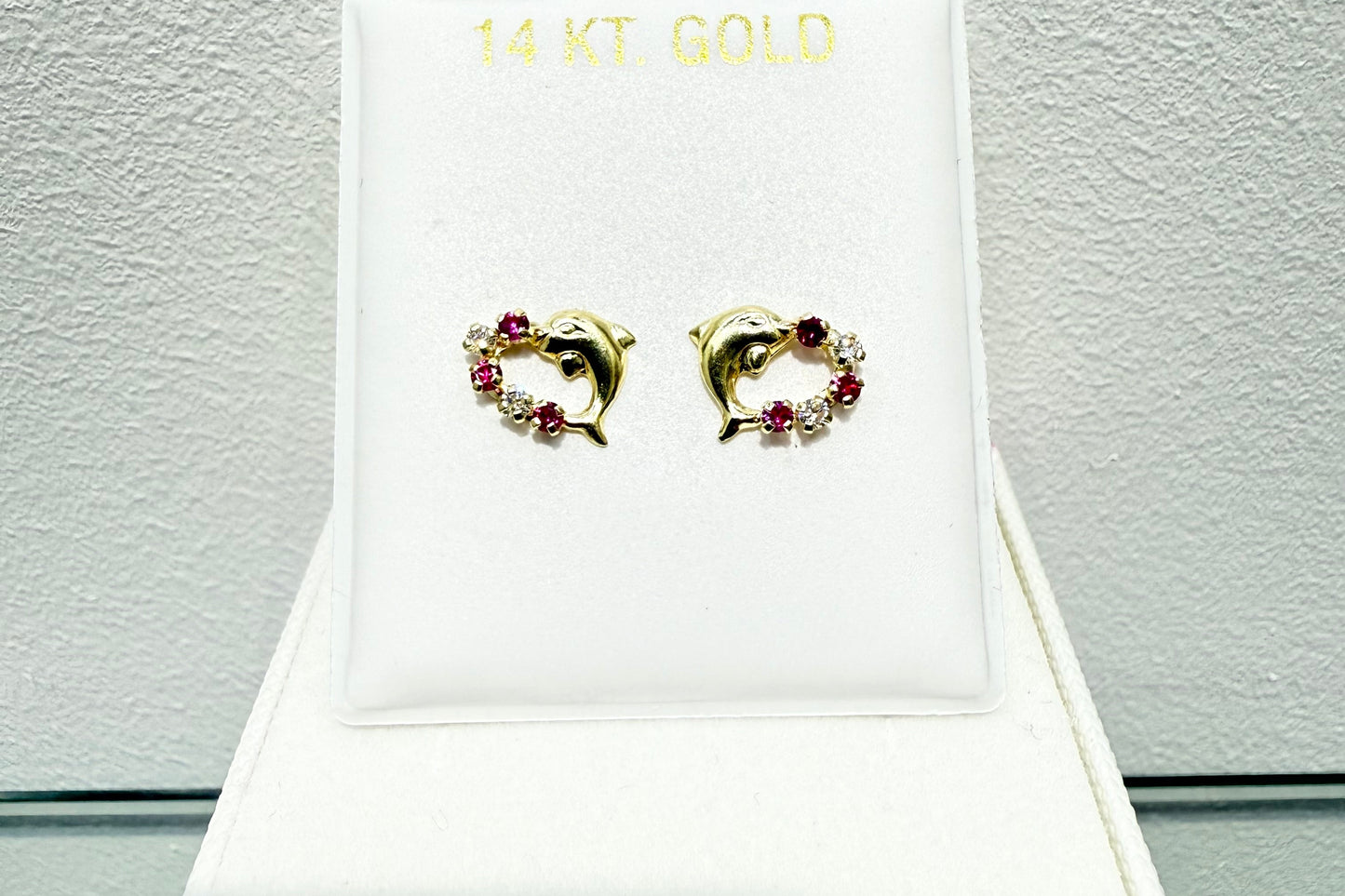 1065-NEW 14K Heart Shape Dolphin & Pink Cz Stone Stud Earrings W.G