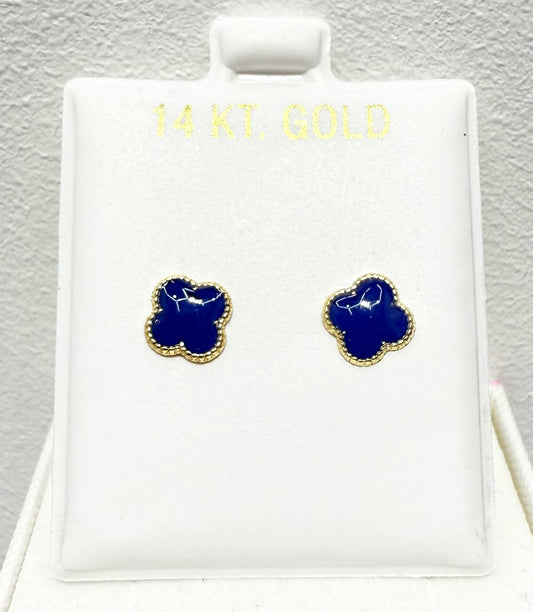 1072-NEW 14k Gold Trebol Navy Blue Stud Earrings (7MM) W.G